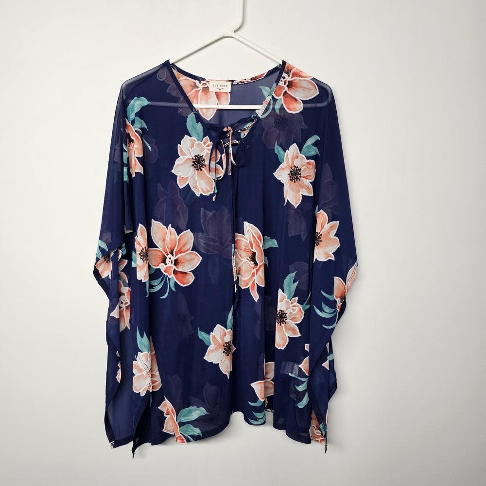 IVY ROSE Womens Medium Floral Blouse Top Semi Sheer Tunic Swim Cover‎ Flowy EUC